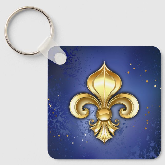 Gold Fleur de Lis on Blue Key Ring (Front)