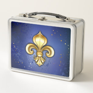 Gold Fleur de Lis on Blue Metal Lunch Box