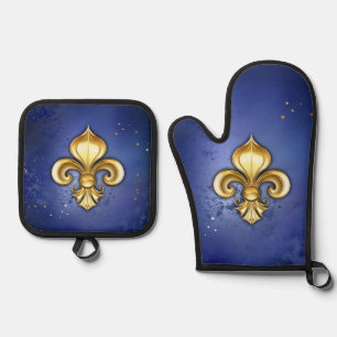 Gold Fleur de Lis on Blue Oven Mitt & Pot Holder Set