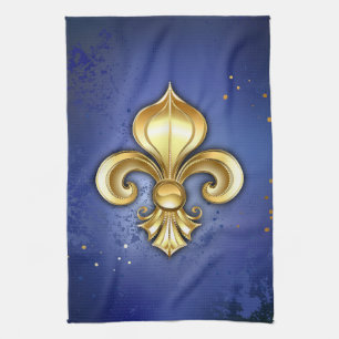 Gold Fleur de Lis on Blue Tea Towel
