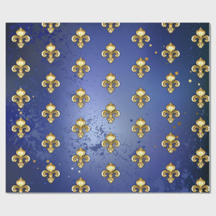 Gold Fleur de Lis on Blue Wrapping Paper