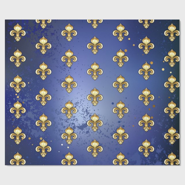 Gold Fleur de Lis on Blue Wrapping Paper (Flat)