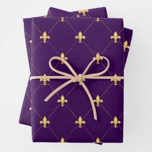 Gold Fleur-de-Lis on Dark Purple Wrapping Paper Sheet