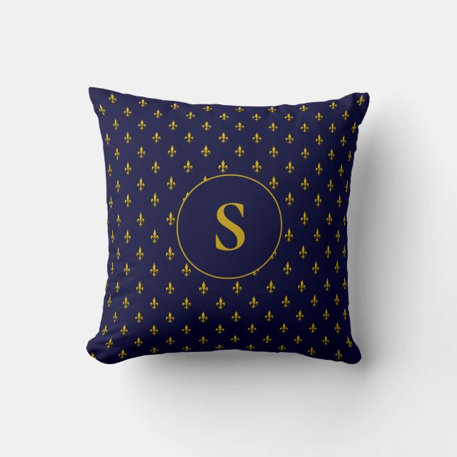 Gold Fleur de Lis Pattern on Royal Blue Monogram Cushion (Front)