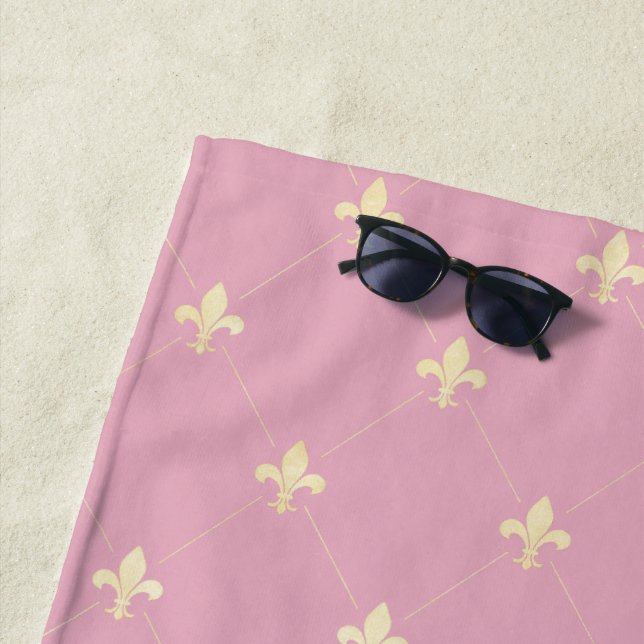 Gold Fleur-de-Lis Pink Beach Towel (In Situ)