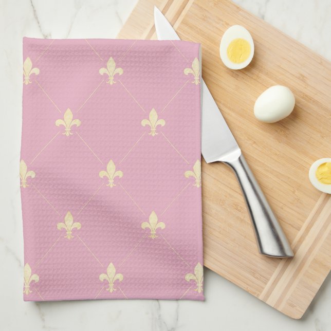 Gold Fleur-de-Lis Pink Tea Towel (Quarter Fold)