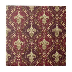 Gold Fleur-de-lis Red Velvet Royal Design Pattern Ceramic Tile