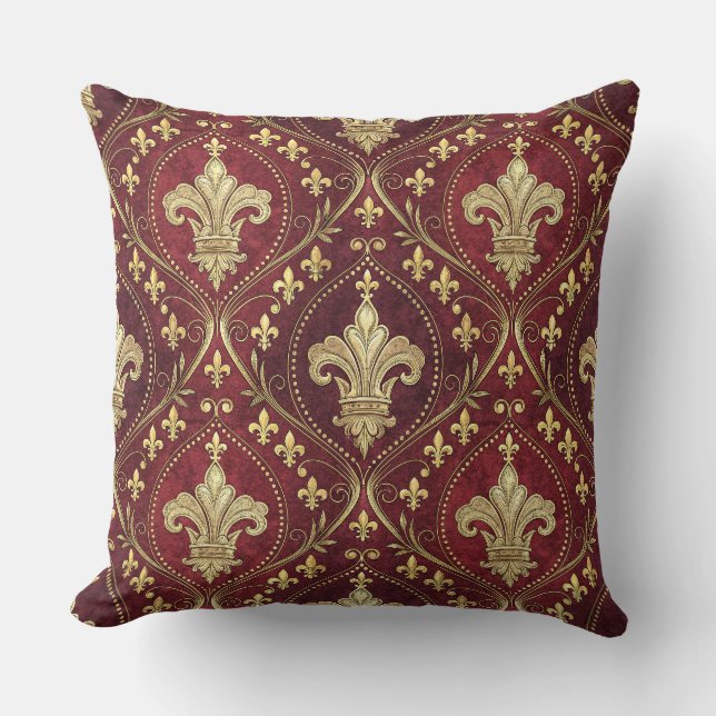 Gold Fleur-de-lis Red Velvet Royal Design Pattern Cushion (Front)
