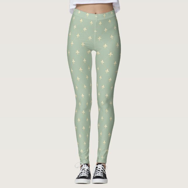 Gold Fleur-de-Lis Sage Leggings (Front)