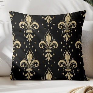 Gold fleur-de-lis seamless pattern on black cushion