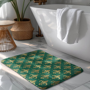 Gold fleur-de-lis seamless pattern on green bath mat