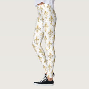 Gold fleur-de-lis seamless pattern on white leggings