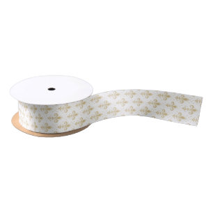 Gold fleur-de-lis seamless pattern on white satin ribbon