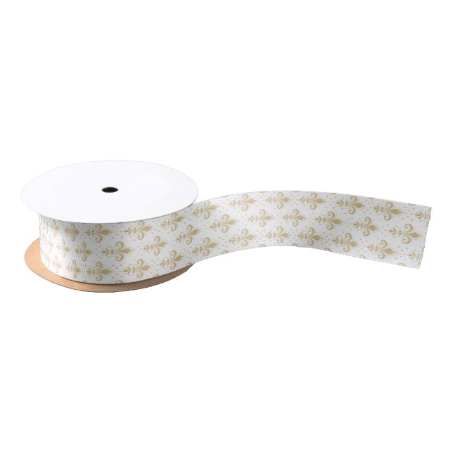 Gold fleur-de-lis seamless pattern on white satin ribbon (Spool)