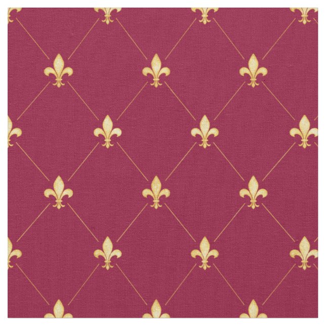 Gold Fleur-de-Lis (small scale) Wine Red Fabric (Close Up)