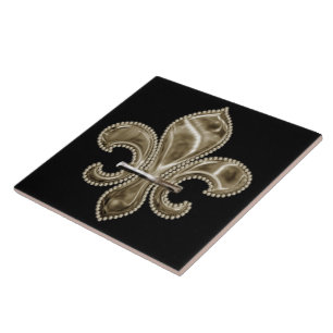 Gold Fleur de Lis Square Ceramic Tile 6 inch - blk