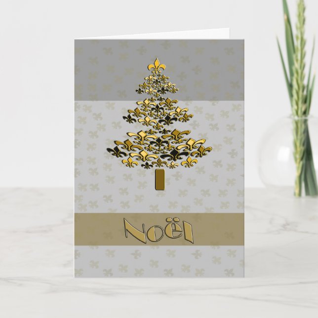 Gold Fleur de Lys Christmas Tree Noel Holiday Card (Front)