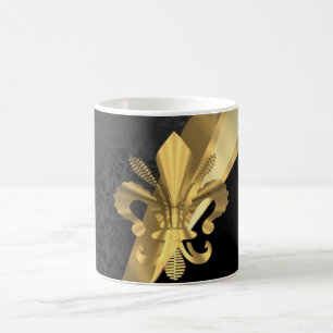 Gold fleur de lys on black coffee mug