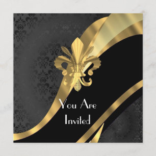 Gold fleur de lys on black damask invitation