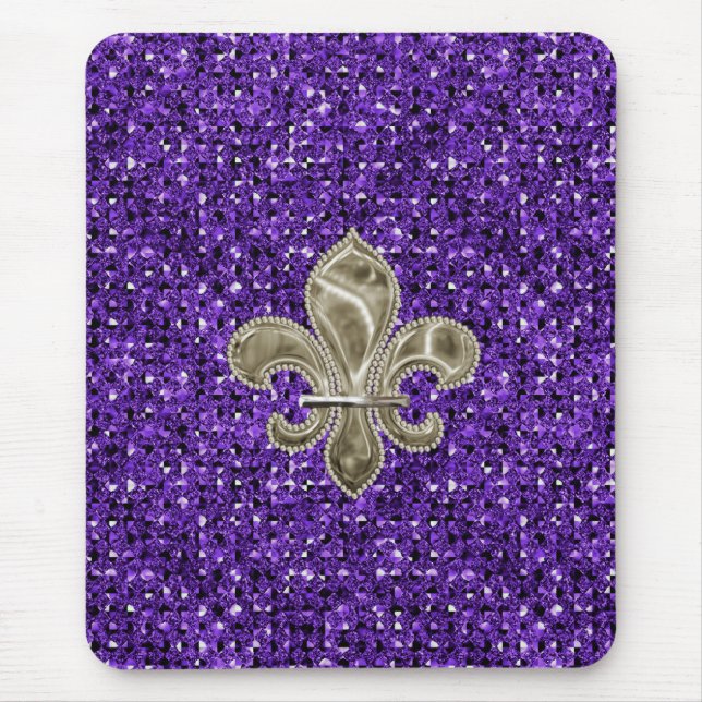 gold fleur de lys purple sequin effect mousepad (Front)