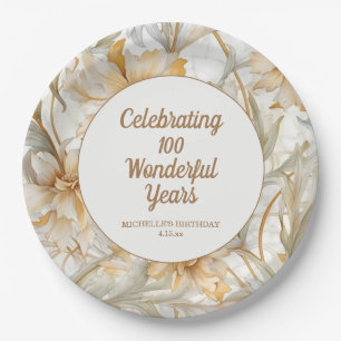 Gold Floral 100th Birthday Paper Plate
