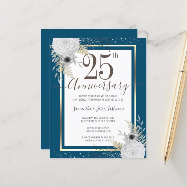 Gold Floral 25th Wedding Anniversary Paper Sheet (Front/Back In Situ)