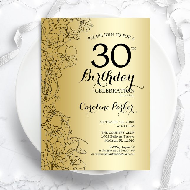 Gold Floral 30th Birthday Party Invitation (Creator Uploaded)