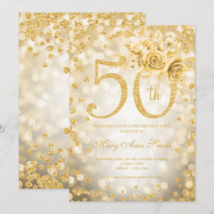 Gold Floral 50th Birthday Glam Lights  Invitation
