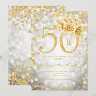 Gold Floral 50th Birthday Glam Lights Silver  Invitation