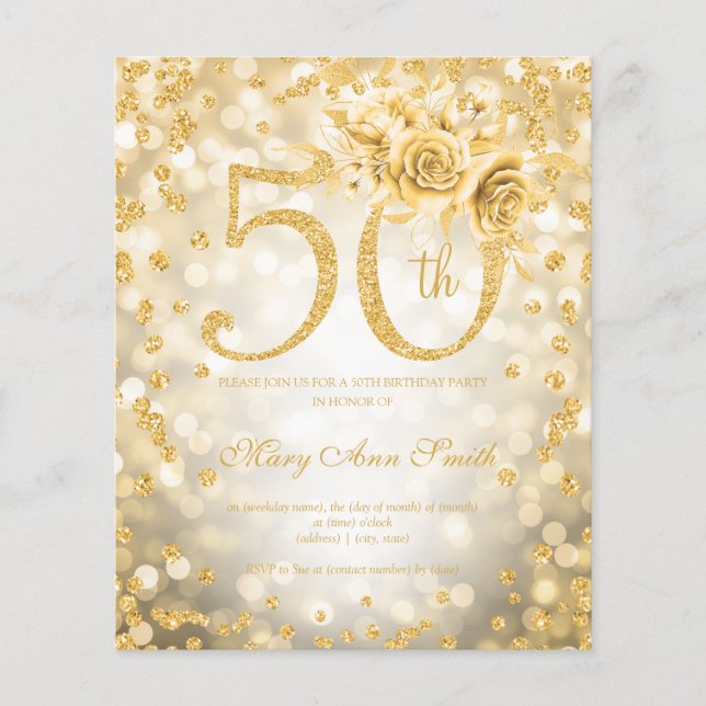 Gold Floral 50th Birthday Lights Invitation Flyer (Front)