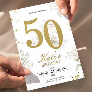 Gold Floral 50th Birthday Party Milestone Elegant Invitation