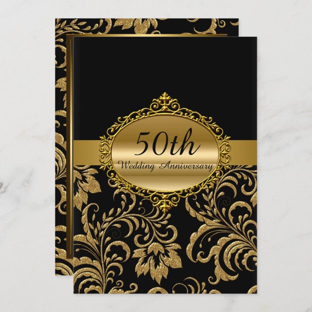 Gold Floral 50th Wedding Anniversary Invite (Front/Back)