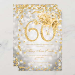 Gold Floral 60th Birthday Glam Silver Lights Invitation