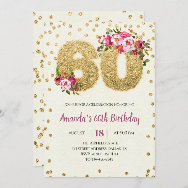Gold Floral 60th Birthday Invitation (Front/Back)
