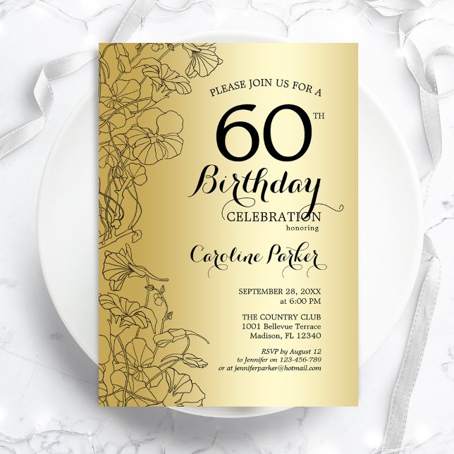 Gold Floral 60th Birthday Party Invitation (Creator Uploaded)