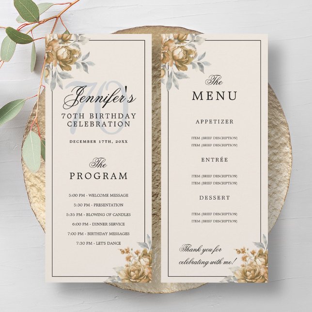 Gold Floral 70th Birthday Program Menu Cream  (Gold Floral 70th Birthday Program Menu Cream )