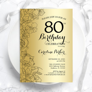 Gold Floral 80th Birthday Party Invitation