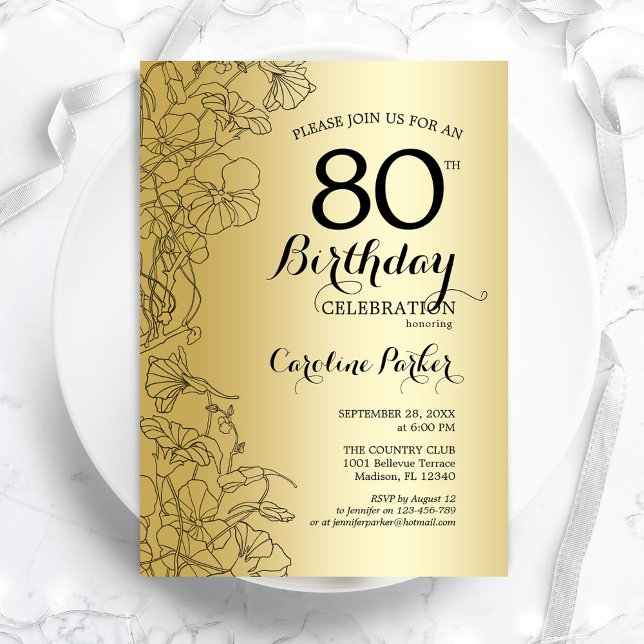 Gold Floral 80th Birthday Party Invitation (Creator Uploaded)