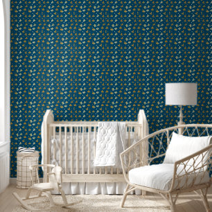 gold Floral Abstract on Blue Background Wallpaper