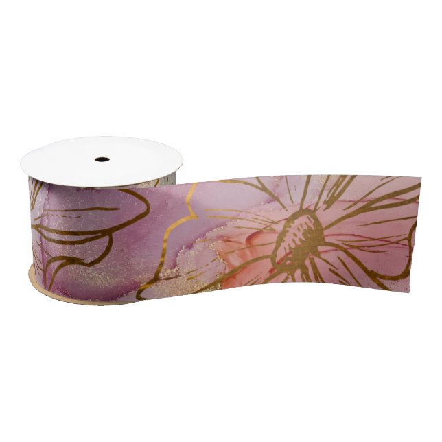 Gold Floral Abstract Pastel  Satin Ribbon (Spool)