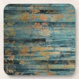 Gold Floral and Blue Rustic Wood Decoupage Coaster