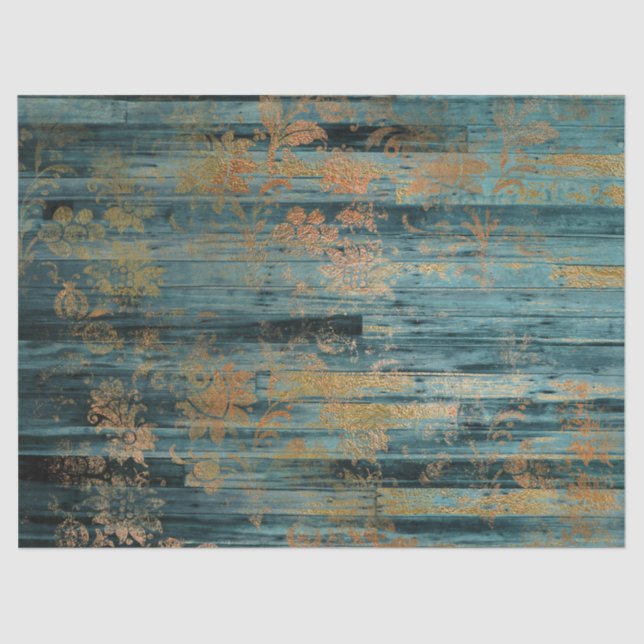 Gold Floral and Blue Rustic Wood Decoupage Tissue Paper (Front)