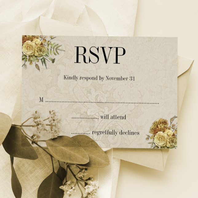 Gold Floral and Cream Damask Boho Wedding RSVP Card (Creator Uploaded)