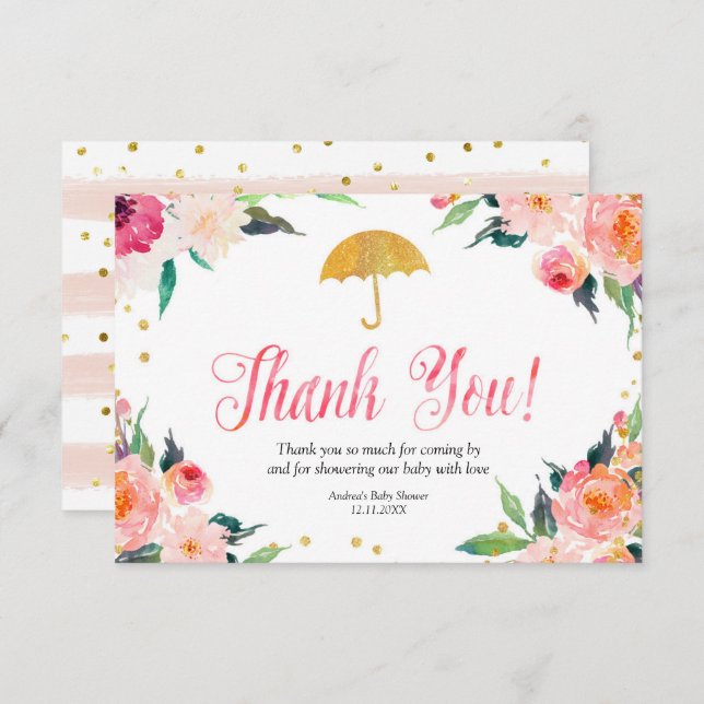 Gold Floral April Shower Thank You Card (Front/Back)