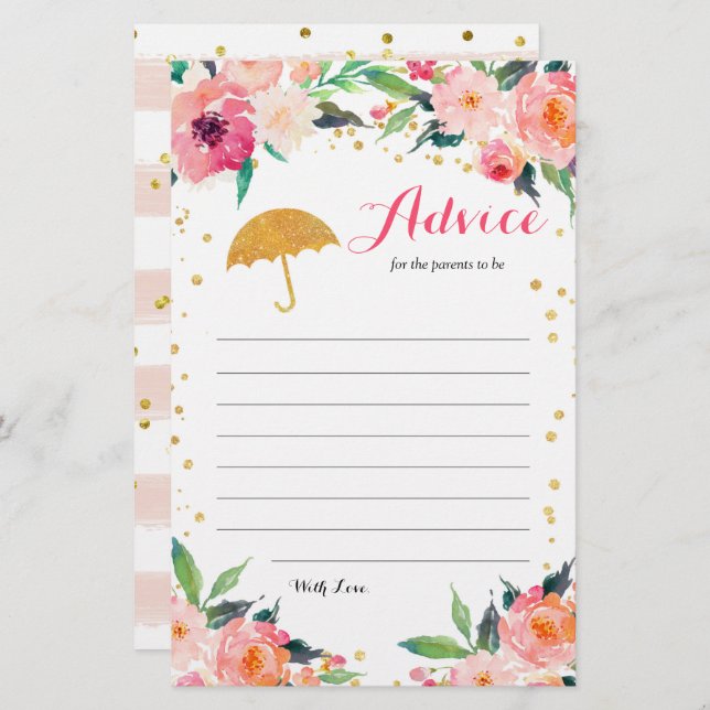 Gold Floral April Showers Baby Shower Advice Card (Front/Back)