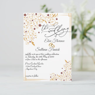 Gold floral art illustration wedding invitation