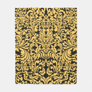 Gold floral art pattern on a black, Thai art vinta Fleece Blanket