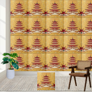 Gold Floral Asian Temple Chinoiserie Pagoda Tile