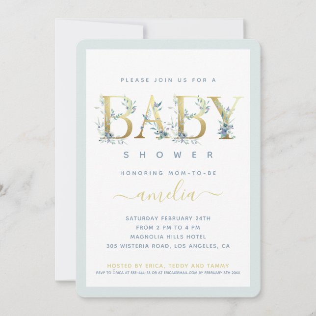 Gold Floral Baby  Blue Boy  Shower Invite (Front)