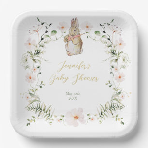 Gold Floral Baby Bunny Baby Shower Paper Plate
